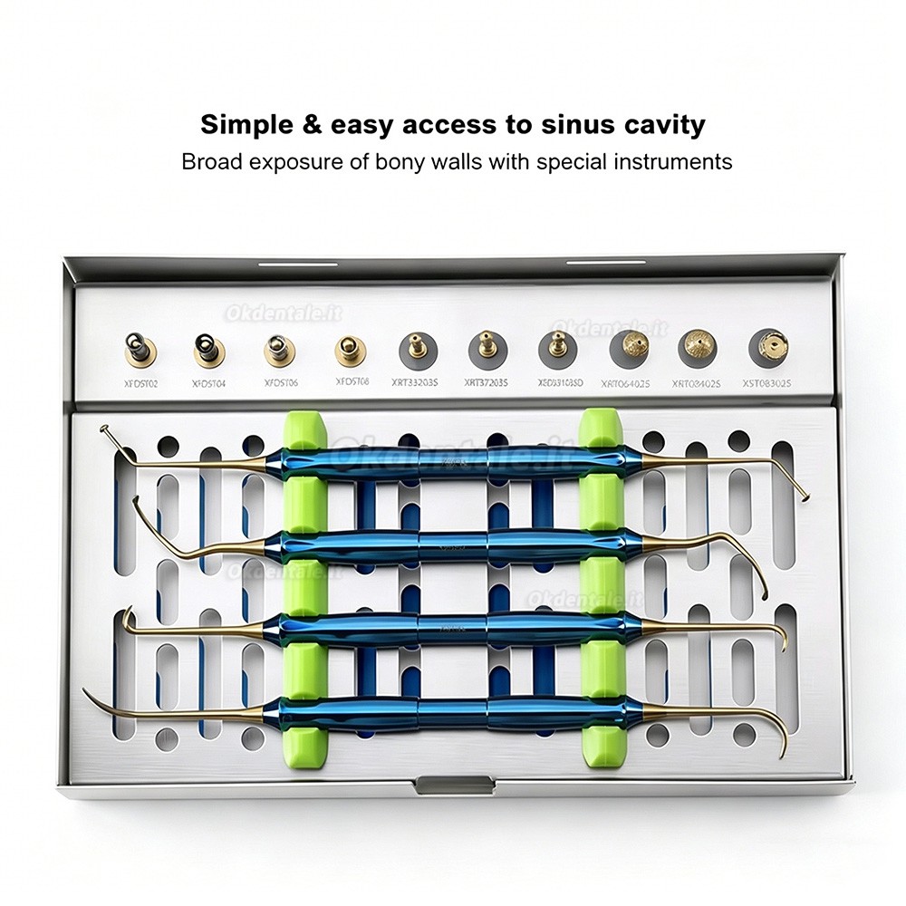 Kit rialzo seno mascellare (Kit DASK) con fermi per trapano per impianti dentali e scatola di sterilizzazione
